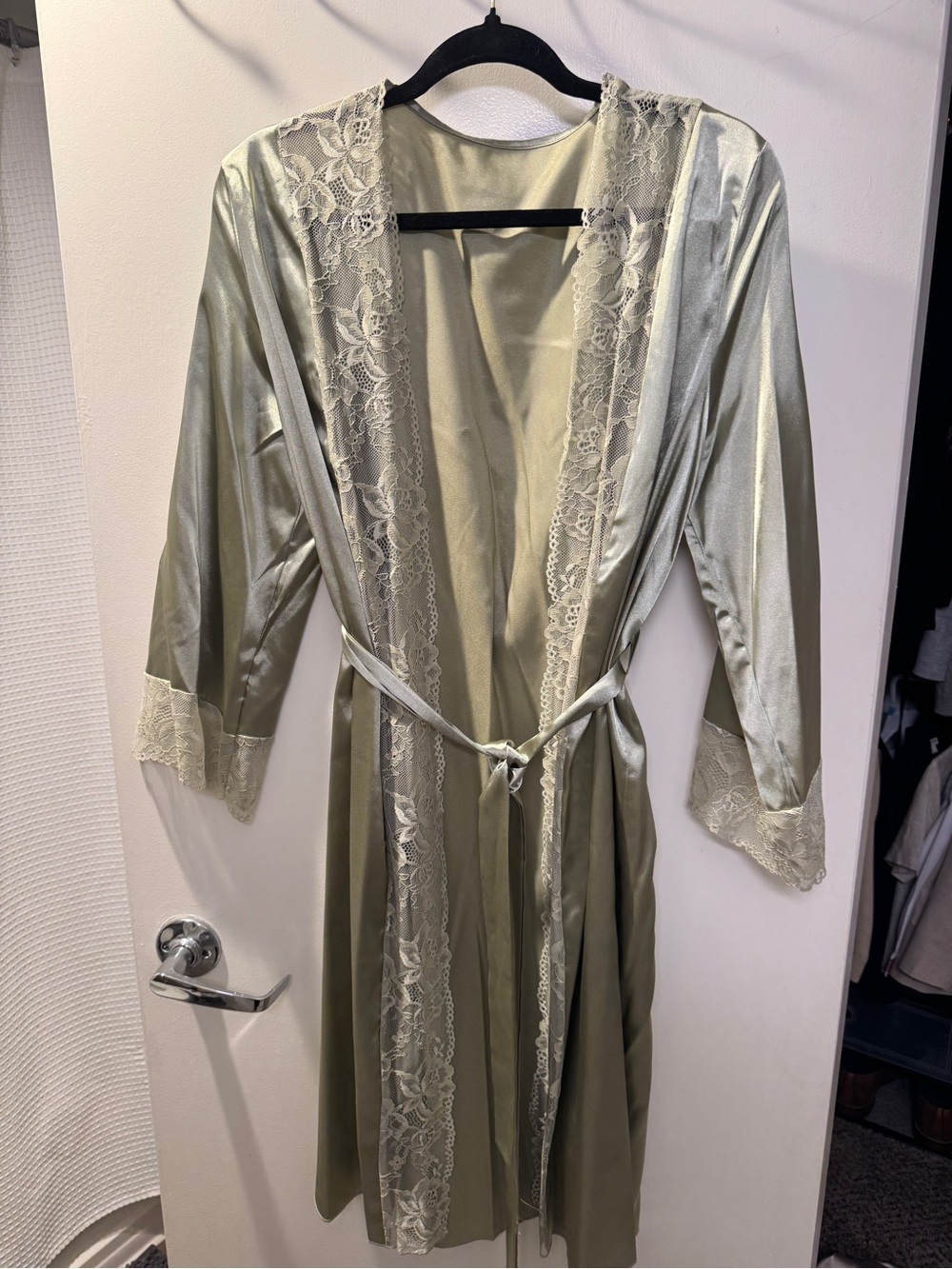 Satin Lace-Trim Robe in Sage Green with Self-Tie Waist